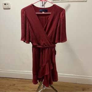 Blue Rain Maroon Wrap Dress size Medium flutter sleeves ruffle skirt